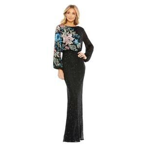 NWT MAC DUGGAL Black Floral Sequin Embellished High Neck Long Sleeve Gown